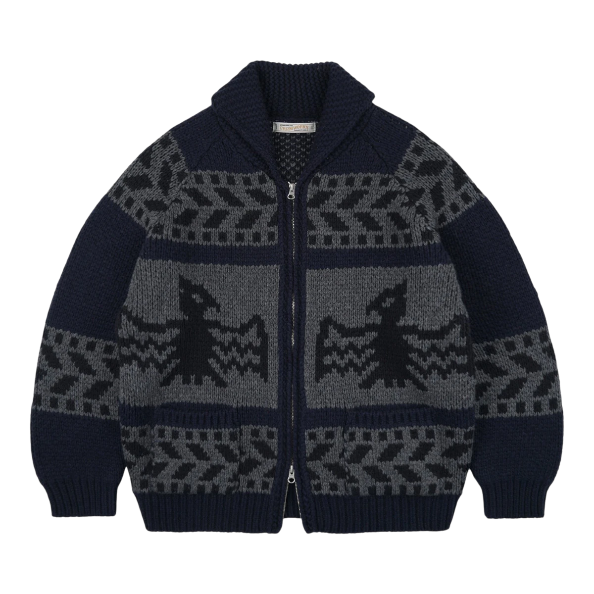 MILWORKS navy and grey wool blend Cowichan cardigan with a graphic thunderbird motif and two-way front zipper.