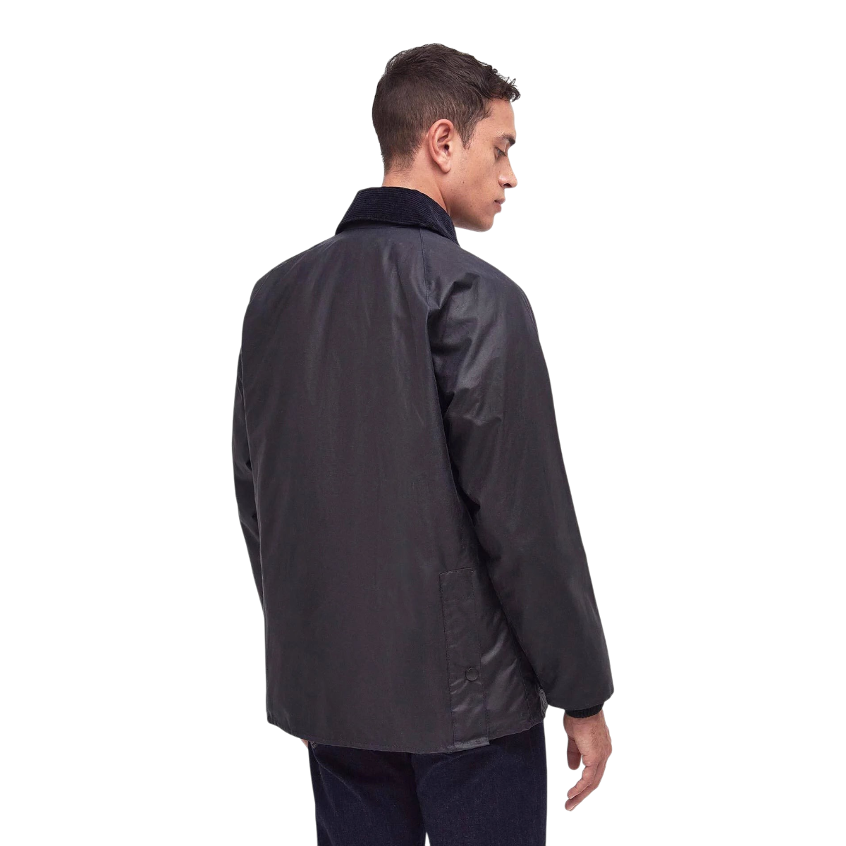 MILWORKS navy waxed cotton Bedale jacket viewed from the back on a male model, featuring a corduroy collar.