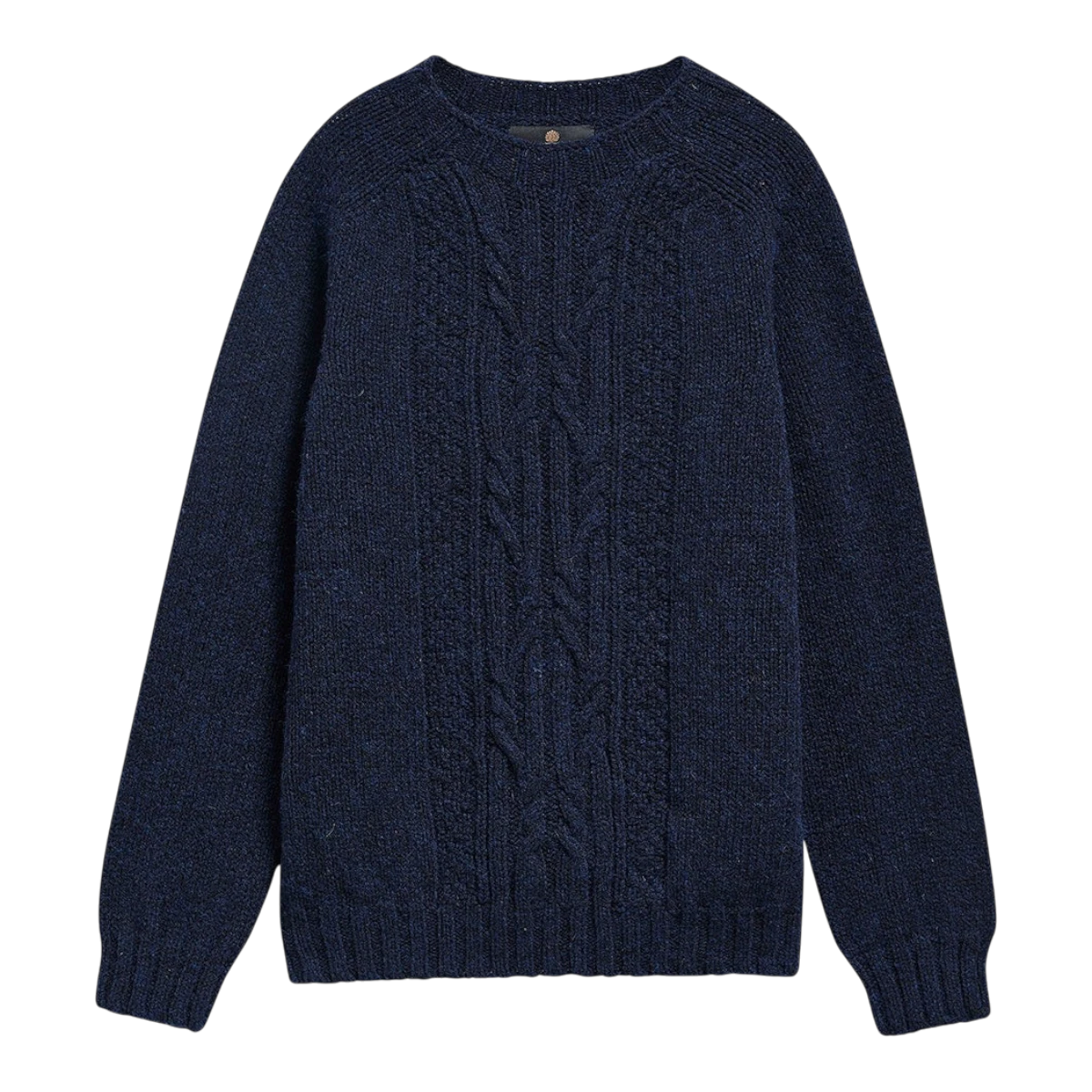 MILWORKS navy blue pure new wool crew neck sweater with a traditional cable knit front panel design.