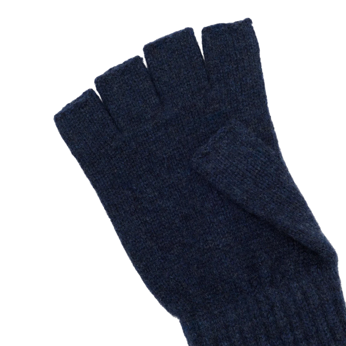 MILWORKS navy blue wool fingerless gloves with a ribbed wrist cuff for warmth and dexterity.