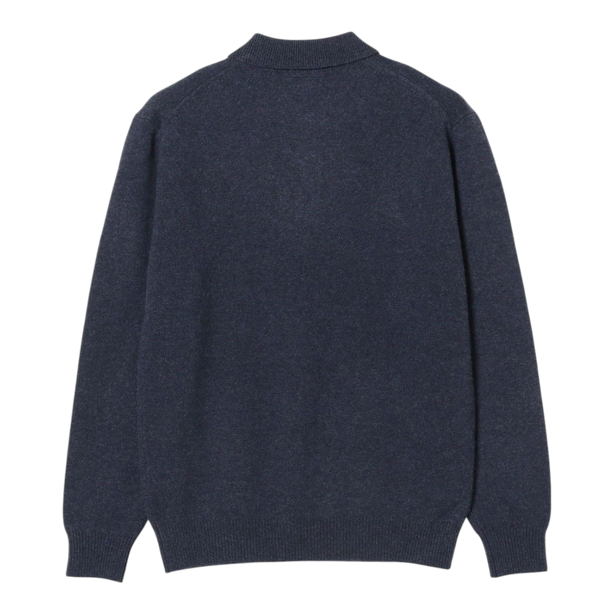 Back view of a MILWORKS navy blue 9-gauge wool knit polo shirt with a classic collar and ribbed cuffs.