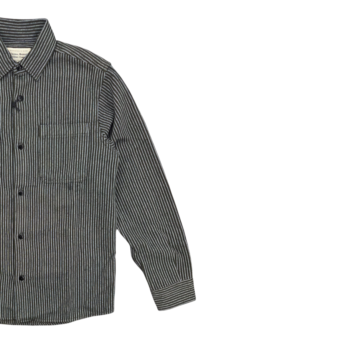 MILWORKS No240 utility shirt in indigo and white striped handwoven cotton with a chest pocket and button-down collar.