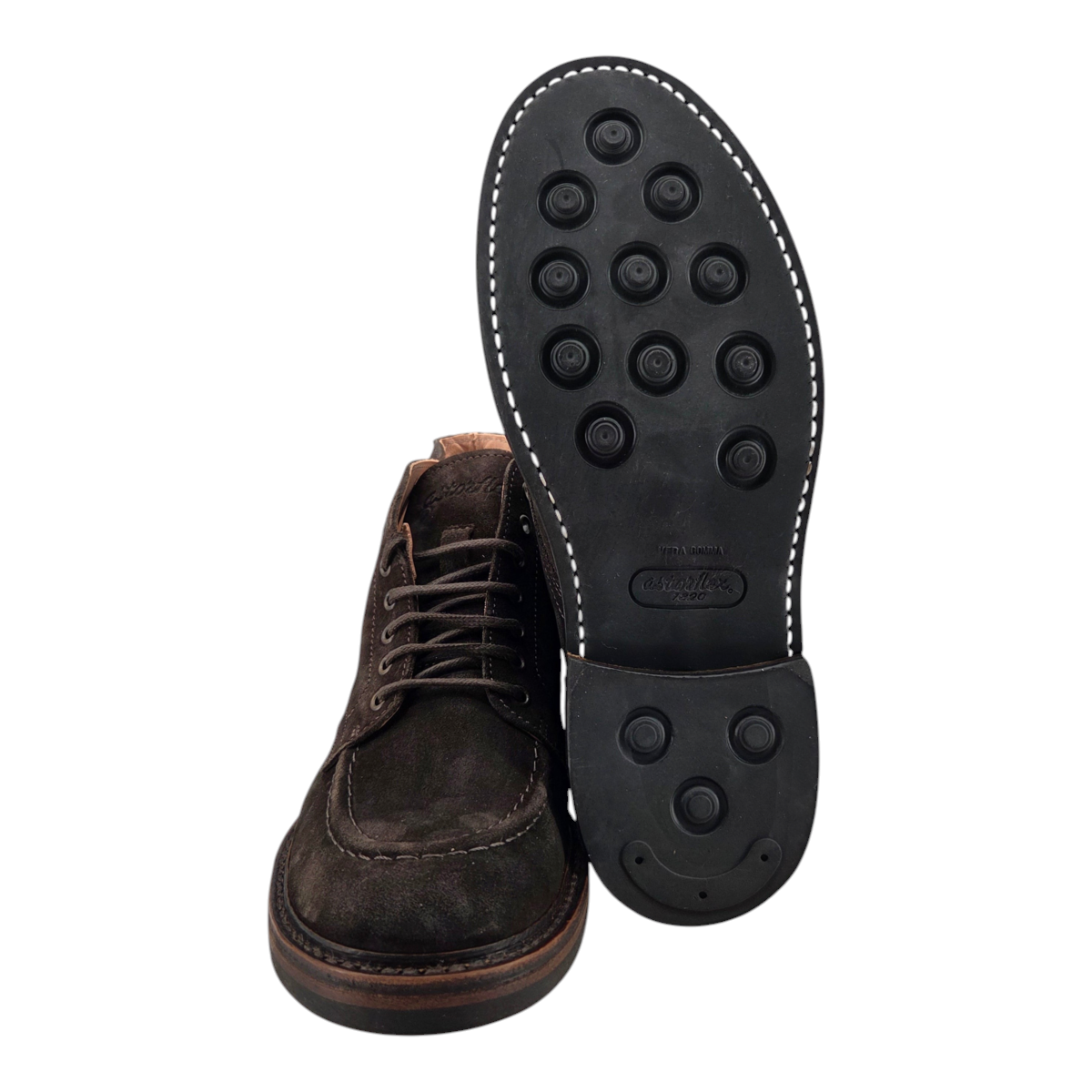 MILWORKS Astorflex Nuvoflex dark chestnut moc-toe boot with a natural rubber lug sole and vegetable-tanned leather.