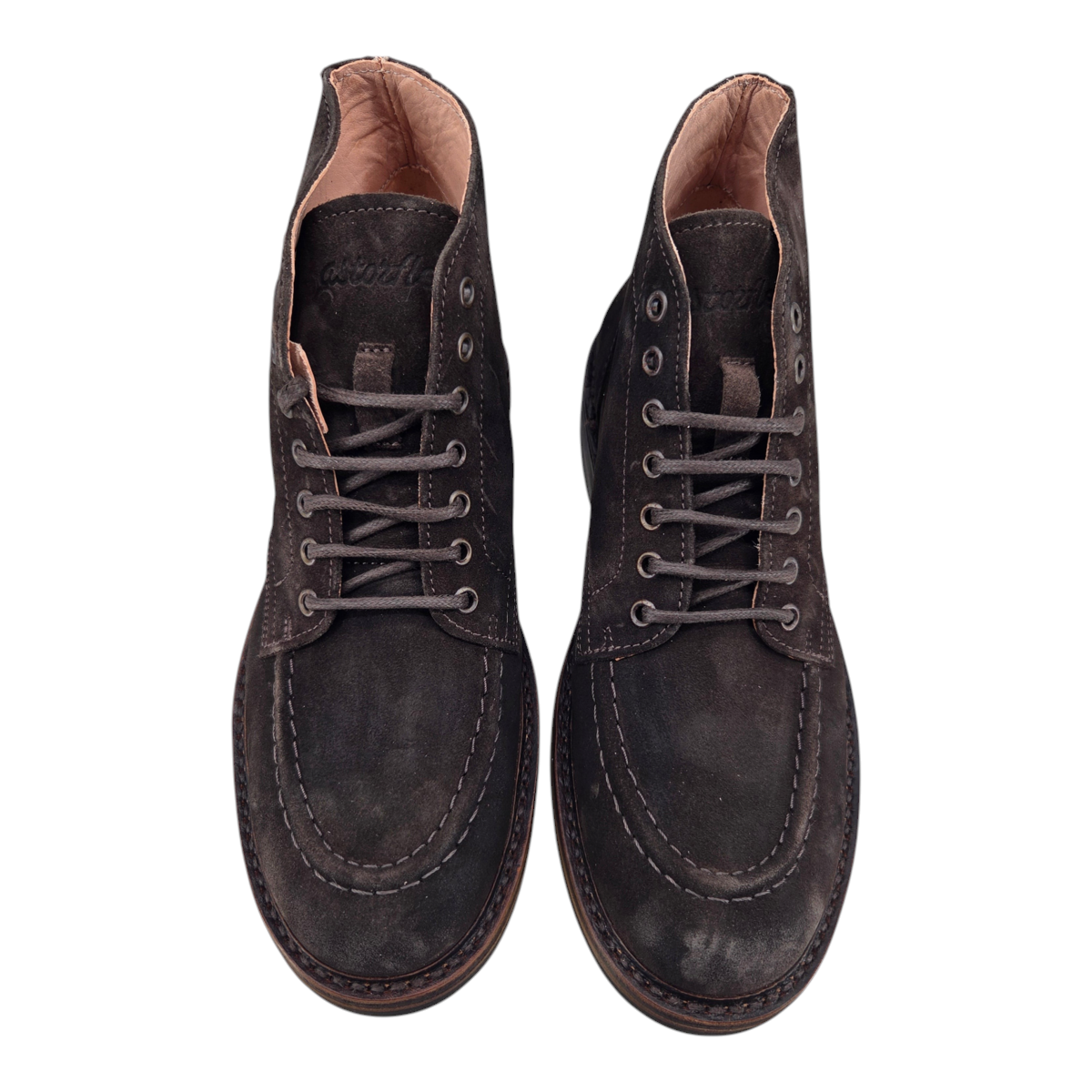 MILWORKS Astorflex Nuvoflex dark chestnut suede moc-toe boots with lace-up closure and natural rubber soles