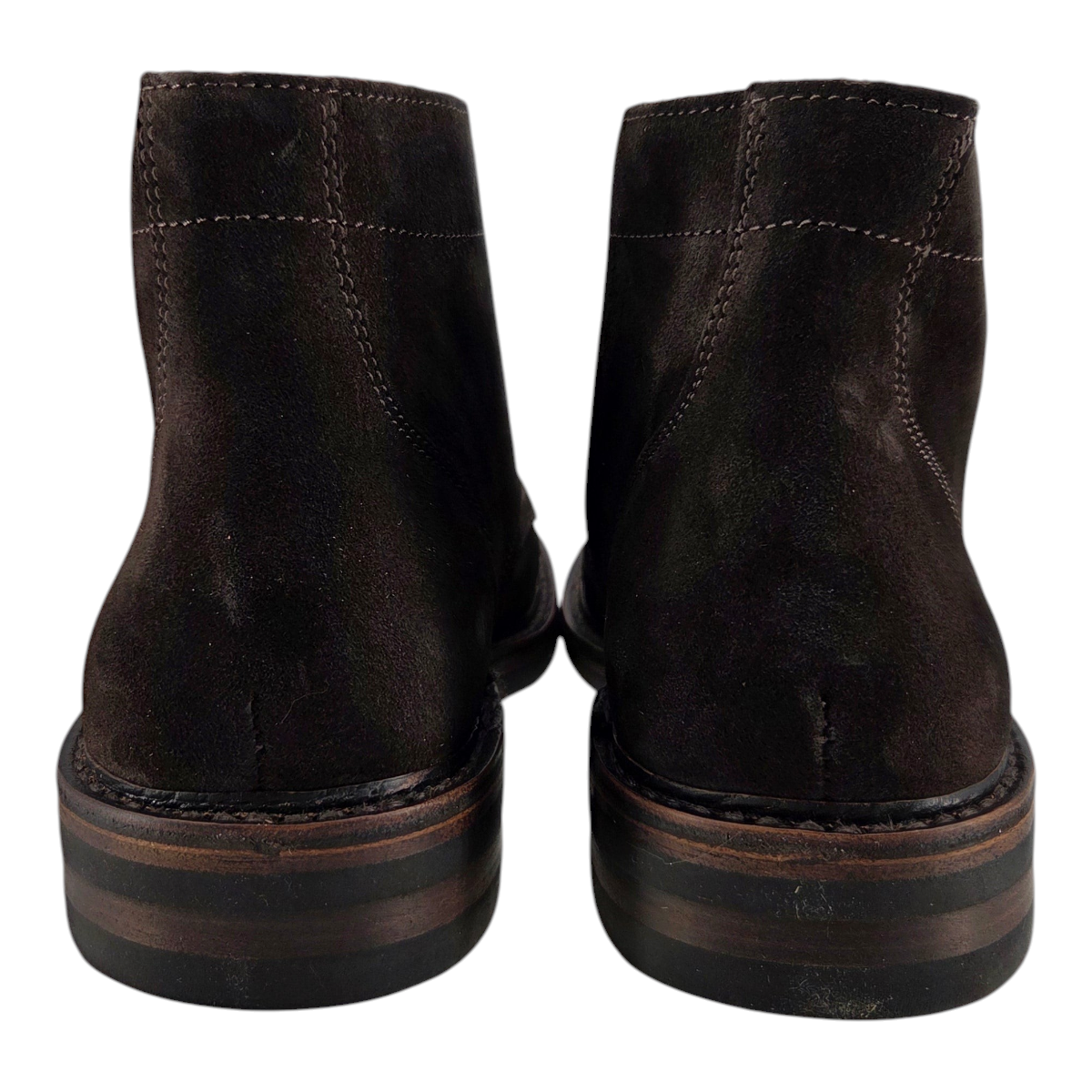MILWORKS Astorflex Nuvoflex dark chestnut suede moc-toe boots, rear view showing stacked rubber heels.
