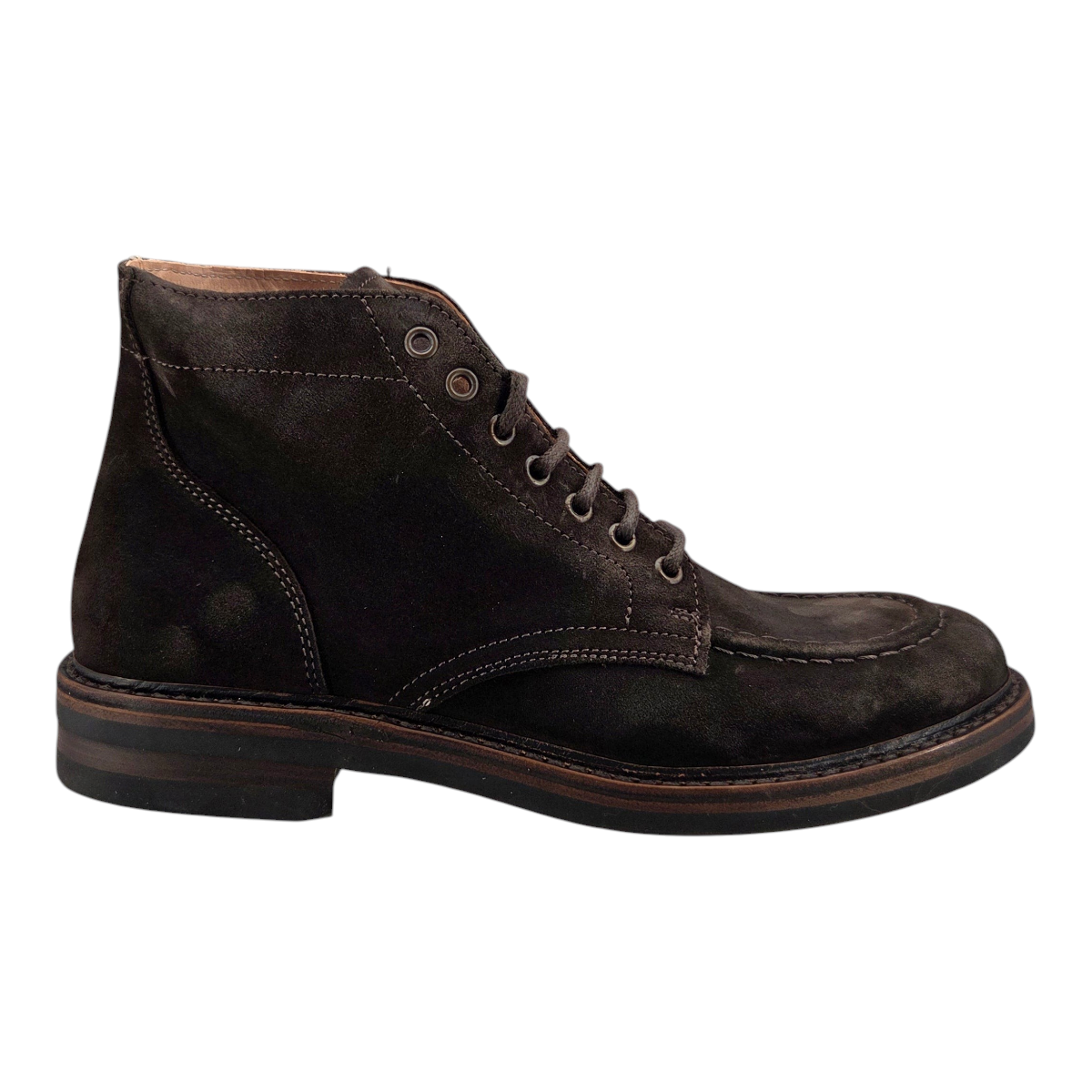 MILWORKS Astorflex Nuvoflex dark chestnut suede moc-toe boot with natural rubber sole and lace-up closure.
