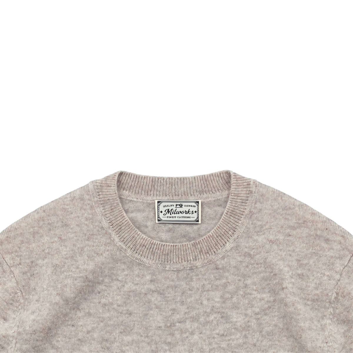 MILWORKS oatmeal cashmere crew neck sweater with ribbed collar and branded interior label