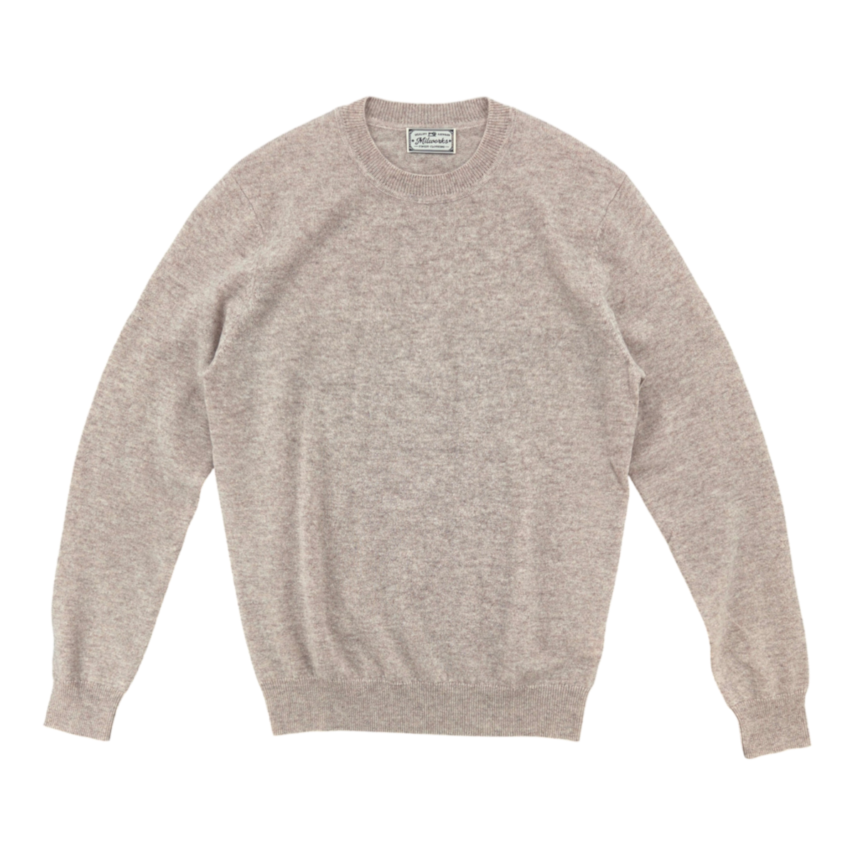 MILWORKS oatmeal cashmere crew neck sweater with a classic knit design, shown against a plain white background.