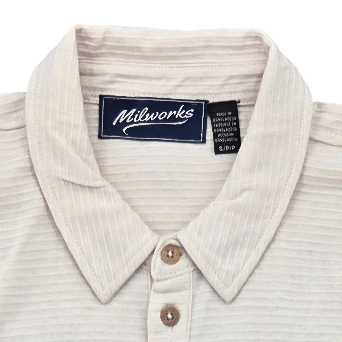 MILWORKSHigh-quality off-white short sleeve polo shirt with subtle vertical stripe texture and button closure.