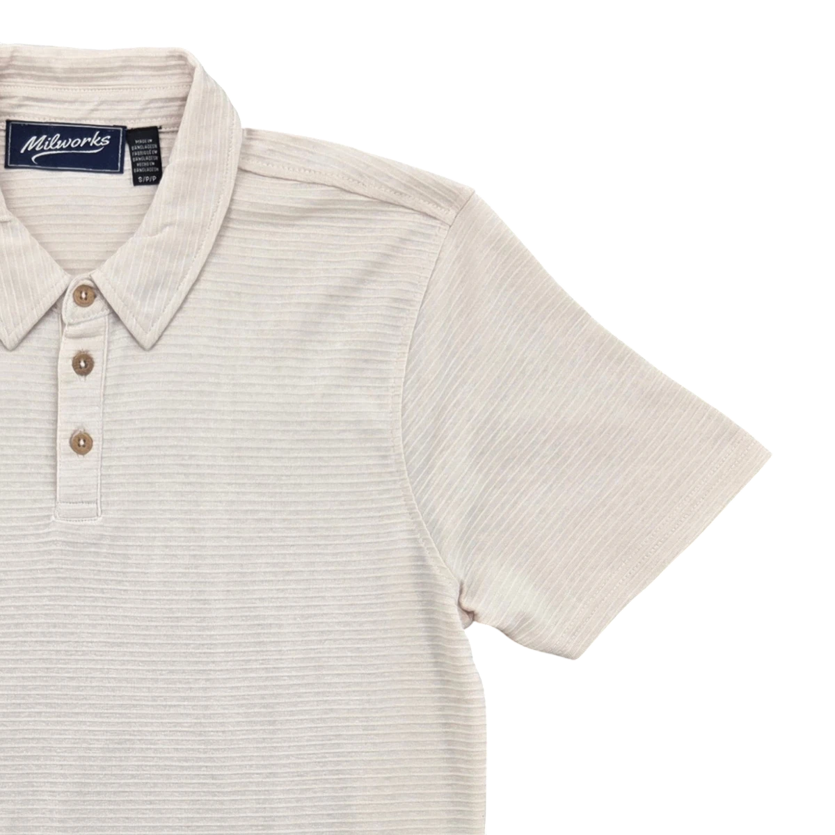 MILWORKSH off-white short sleeve polo shirt with textured fabric and button placket.