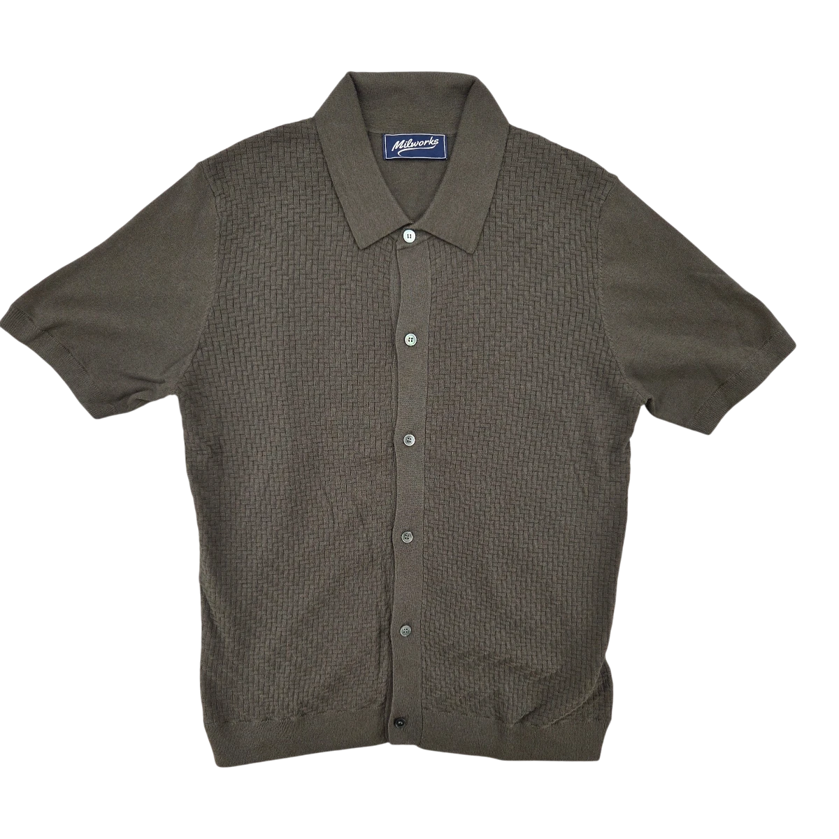 MILWORKS olive green short sleeve knit shirt with a basketweave texture on the front and a classic collar. Made from a cotton-cashmere blend.