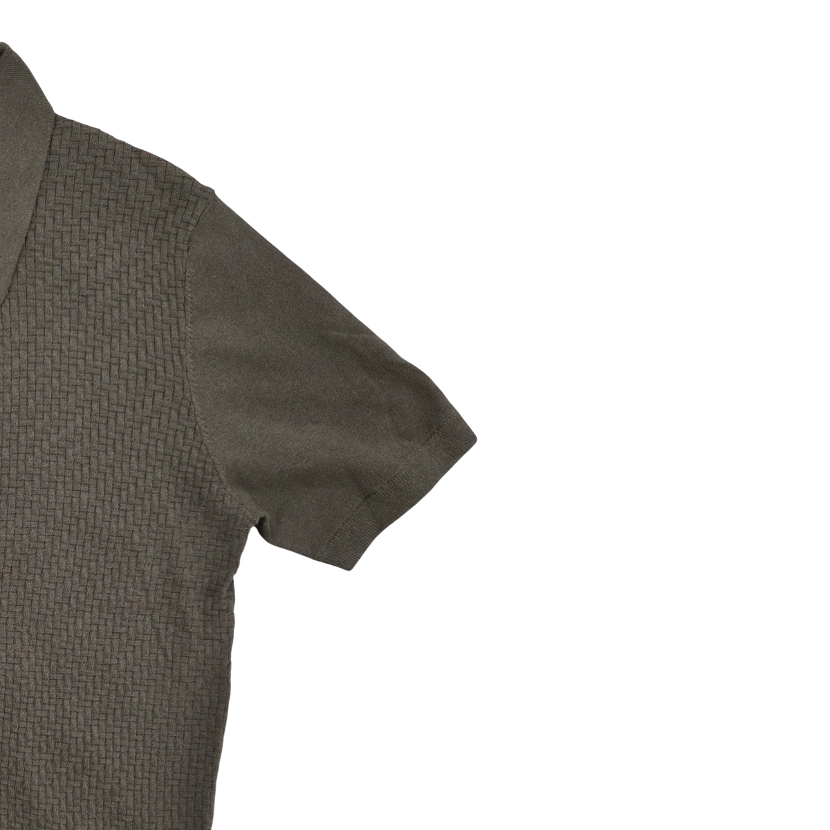 MILWORKS olive green short sleeve knit shirt with a textured basket weave pattern and a collared neckline. Made from cotton and cashmere blend.