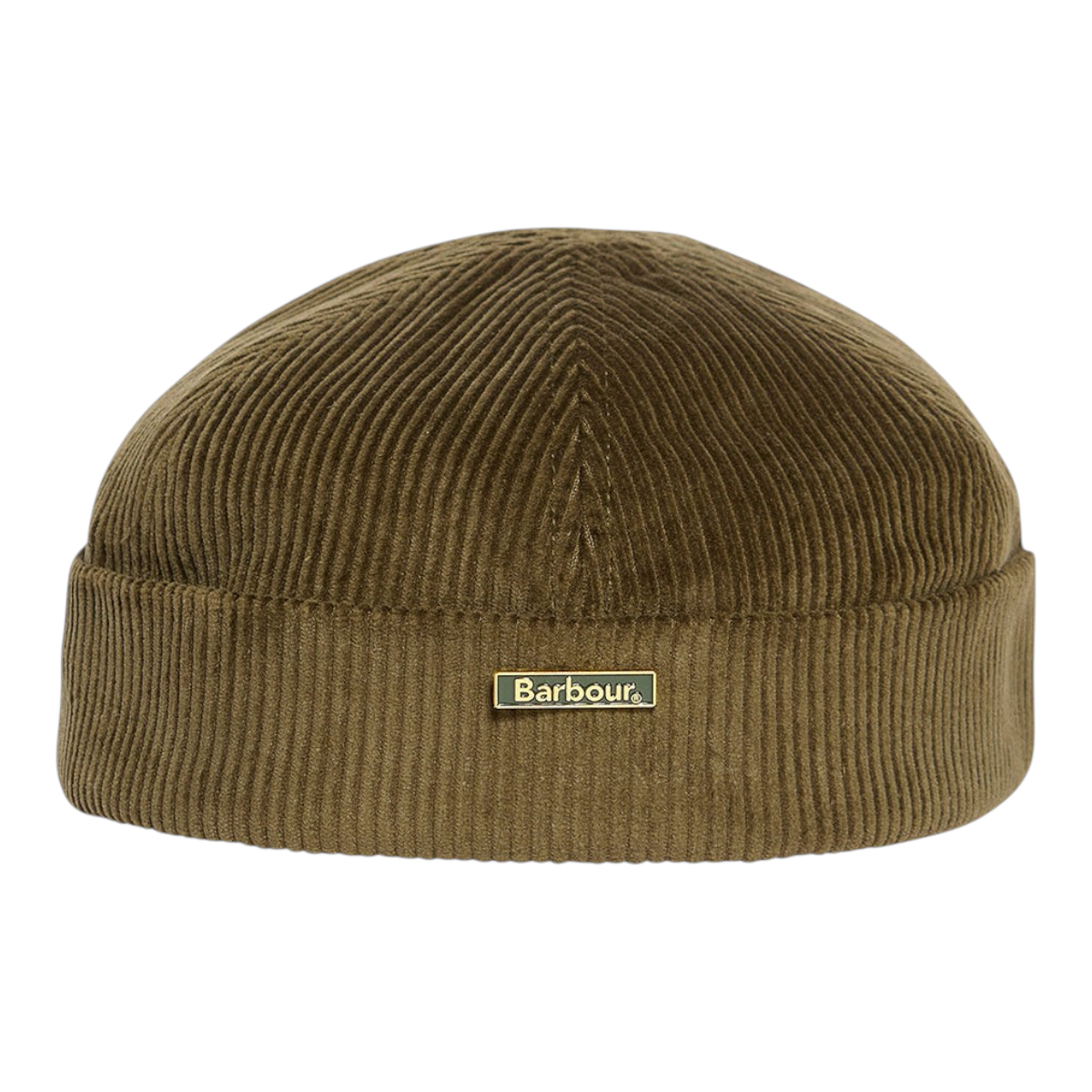 MILWORKS Preston olive green corduroy docker hat with a rolled brim and gold Barbour logo badge
