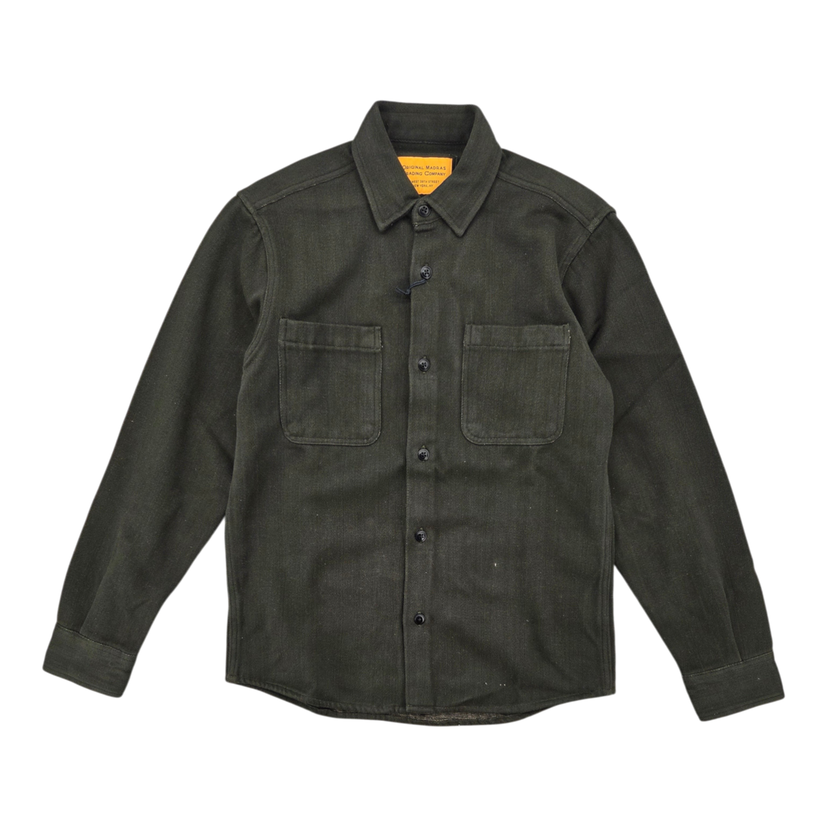 MILWORKS No111 olive weave denim overshirt with a classic collar, two chest pockets, and a rounded hem design.