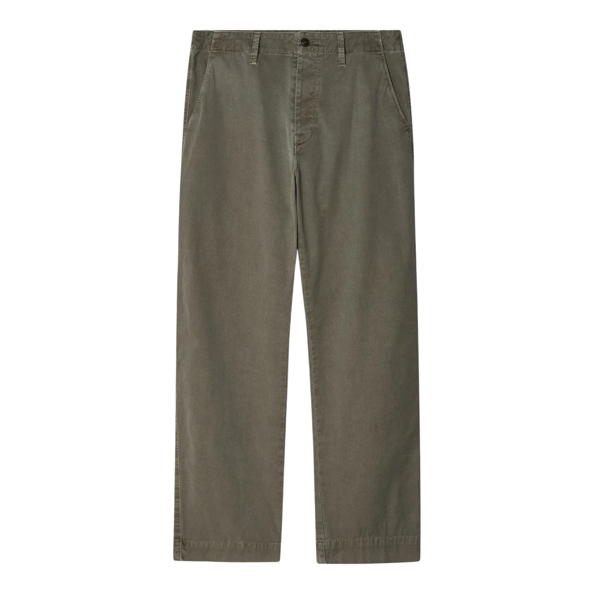 MILWORKS olive drab cotton twill wide-leg chino pants with button fly and 18" opening.