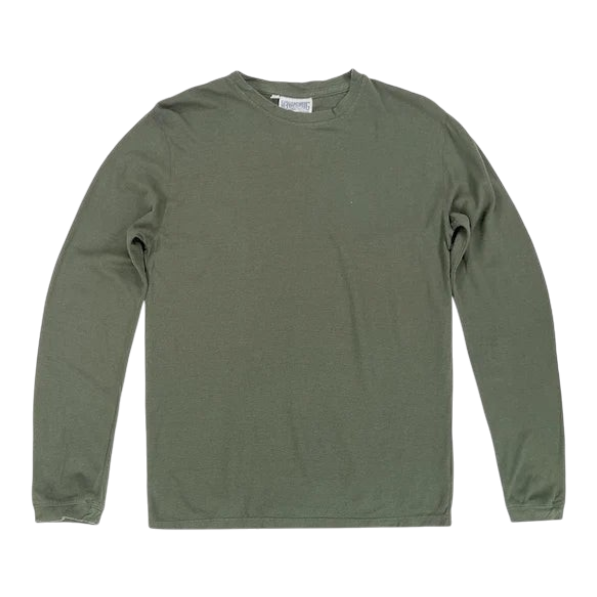 MILWORKS olive green long sleeve crewneck tee made from a soft hemp and organic cotton slub jersey blend