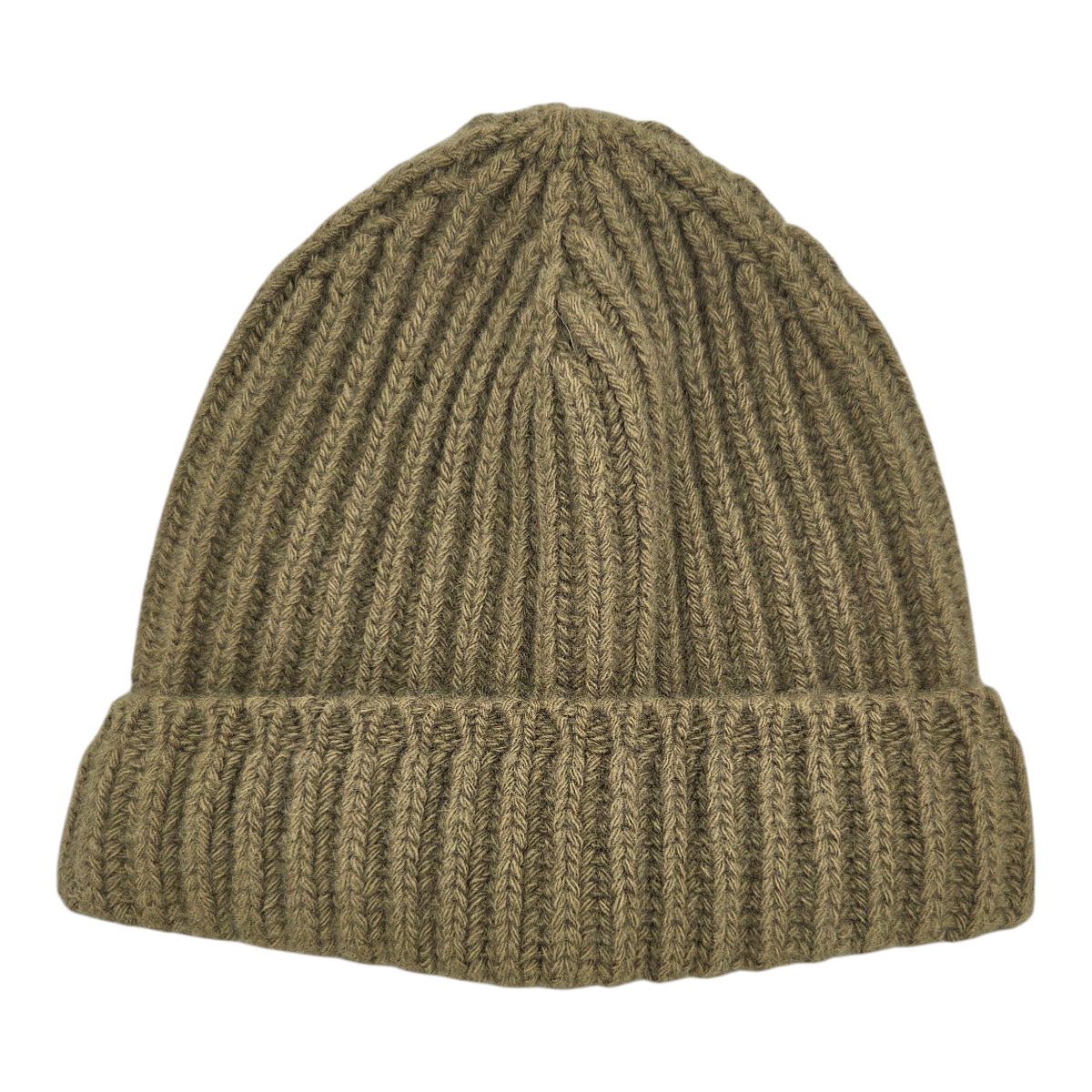 MILWORKS olive green lambswool watch cap beanie with a ribbed knit texture and structured folded cuff