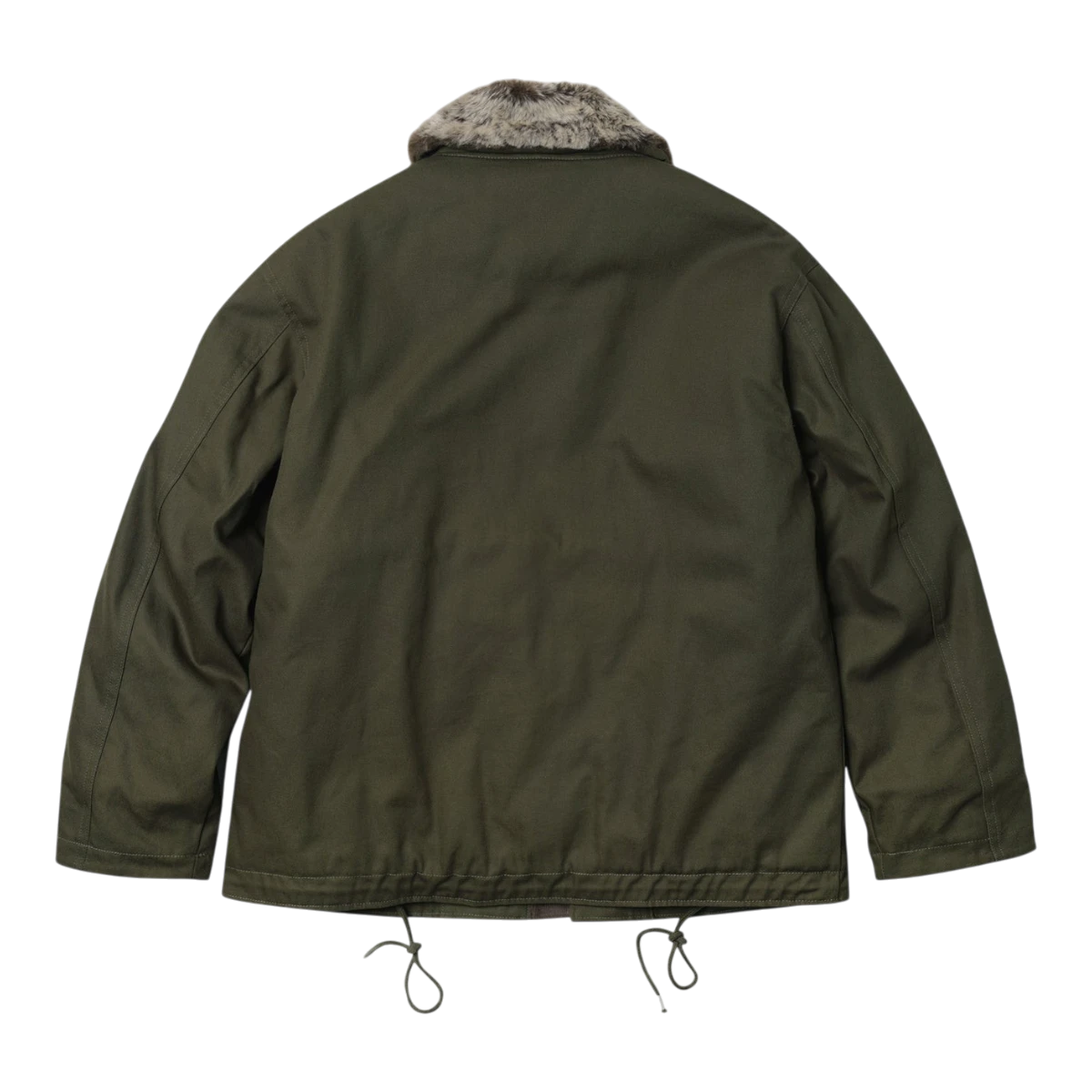 MILWORKS olive green Frizmworks N-1 deck jacket with faux fur collar, back view showing adjustable hem drawstring.