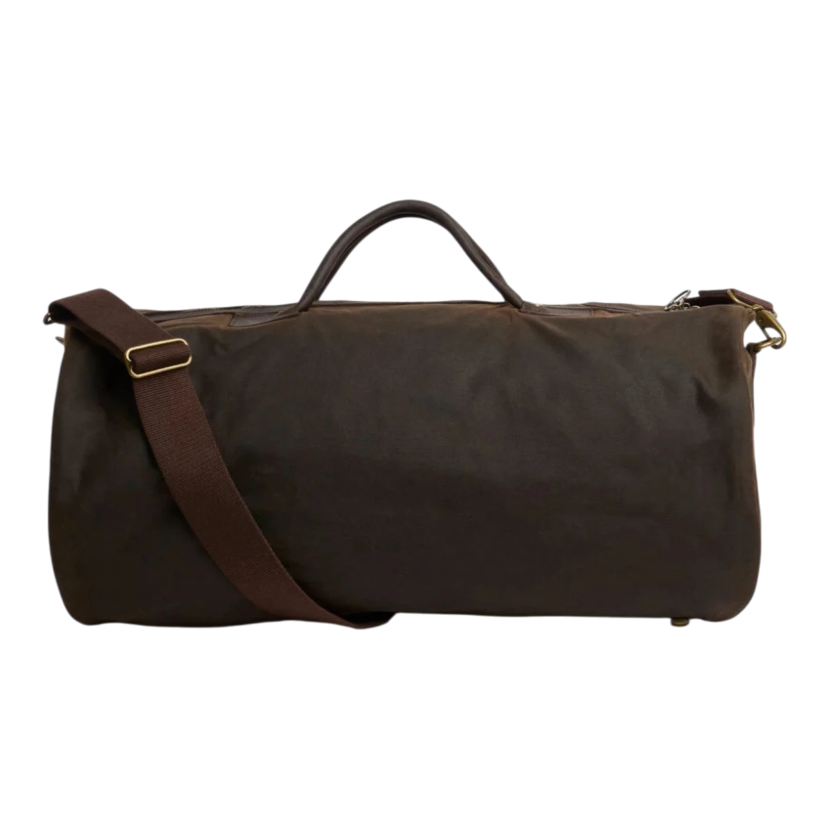 MILWORKS olive waxed cotton holdall bag with leather trim, brass hardware, and detachable webbing shoulder strap.