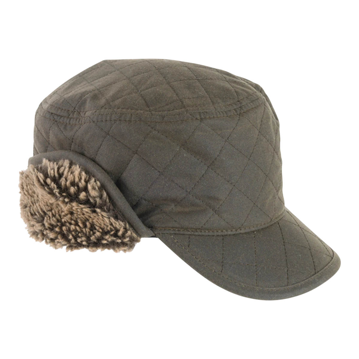 MILWORKS Stanhope olive waxed cotton quilted hunting cap with fleece-lined ear flaps and tartan interior lining
