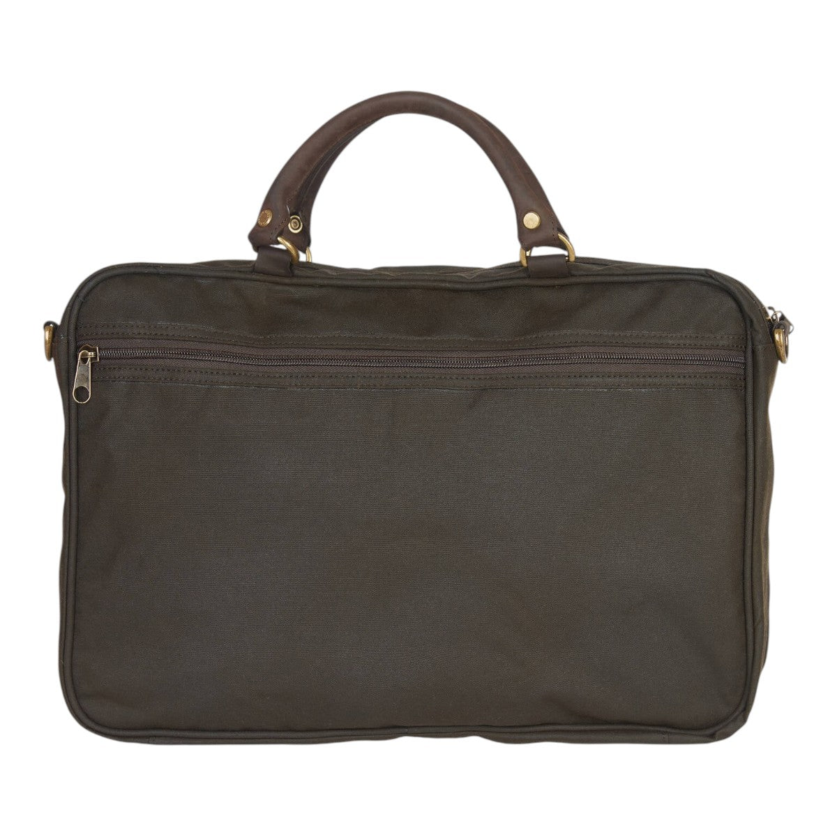 MILWORKS olive waxed cotton briefcase with leather handles, antique brass hardware, and a front zippered pocket.