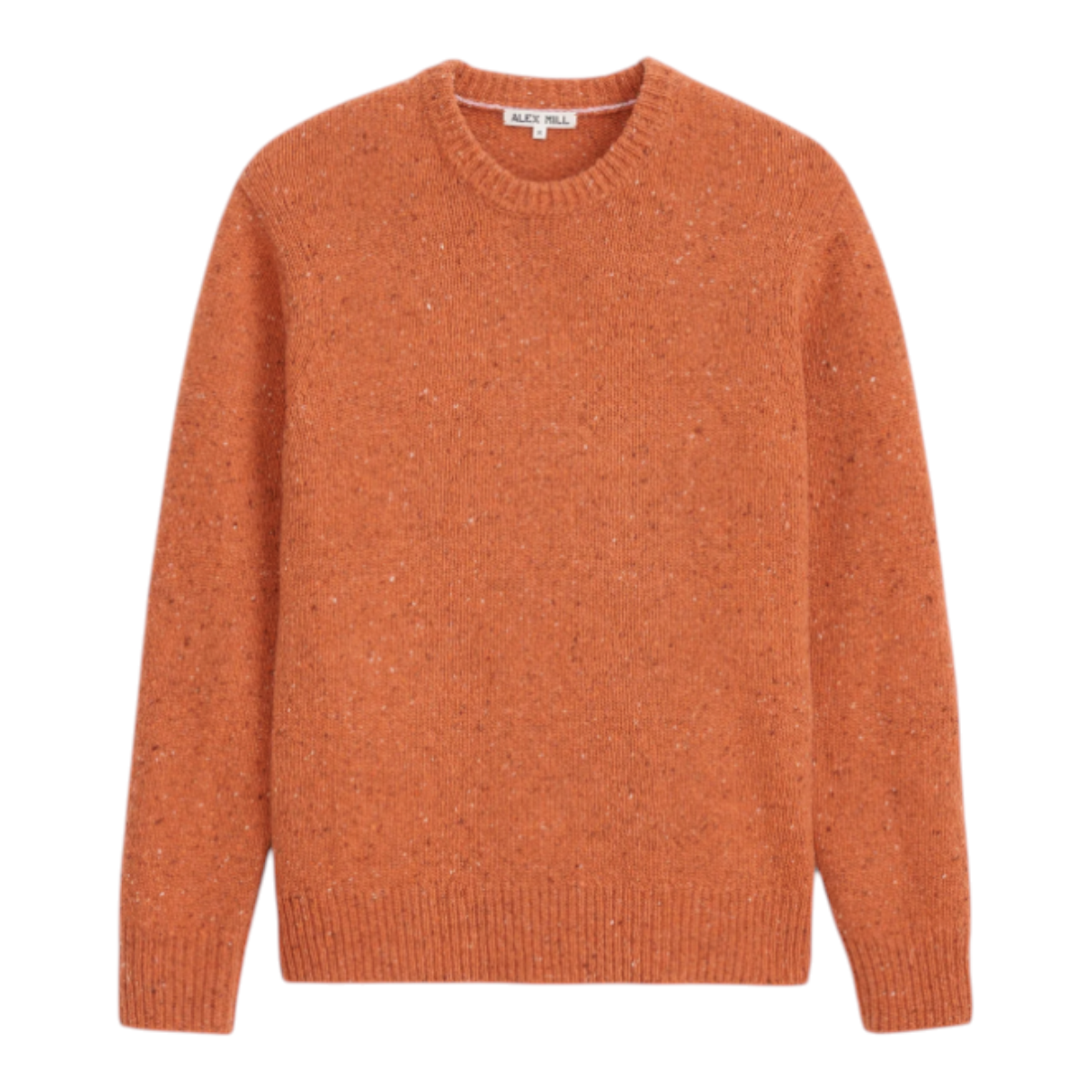 MILWORKS orange Donegal crew neck sweater in a wool and alpaca blend with a classic speckled knit texture.