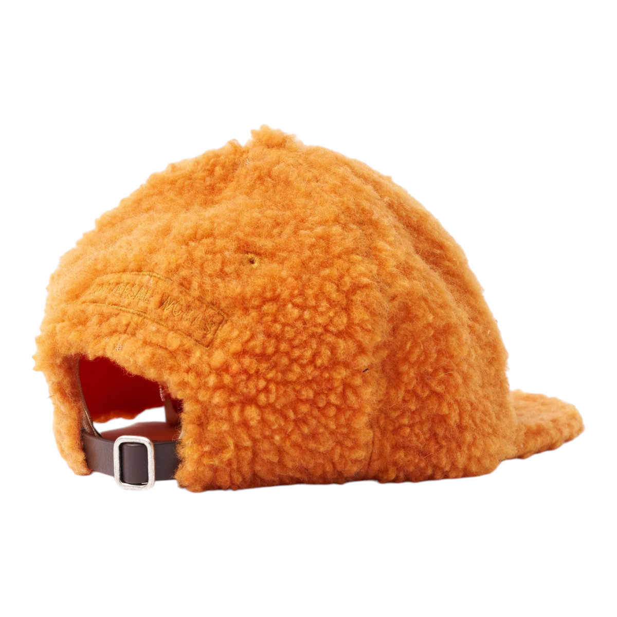 MILWORKS orange arctic fleece baseball hat with six-panel construction and adjustable leather strap with metal buckle