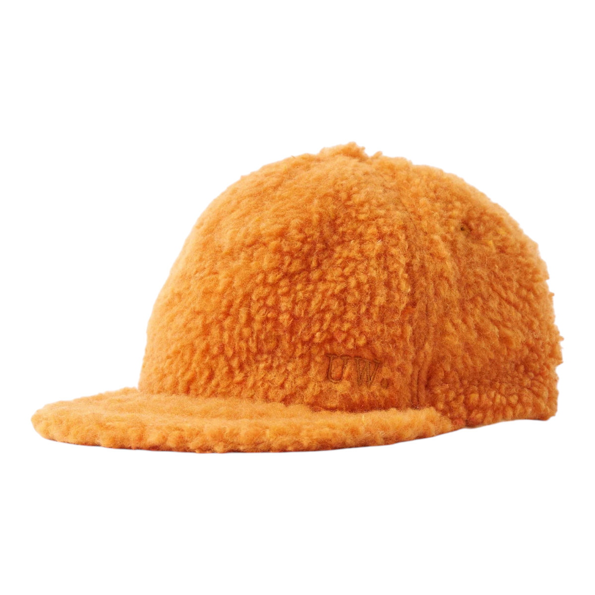 MILWORKS orange baseball hat in textured arctic fleece with a six-panel construction and embroidered logo detail.