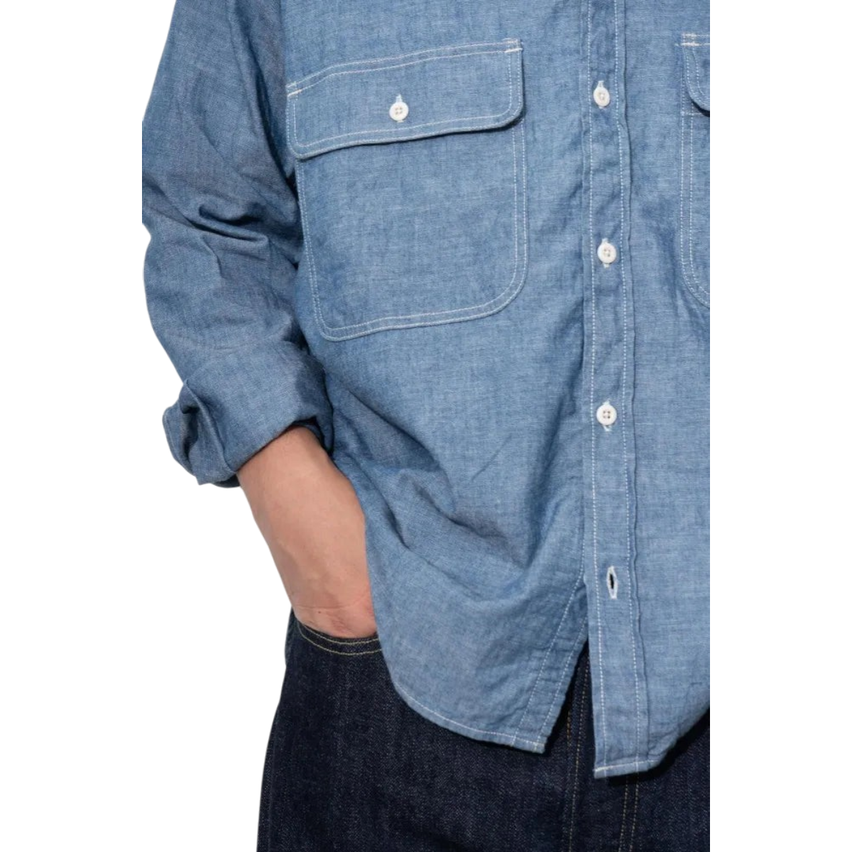 MILWORKS Ordinary Fits indigo chambray work shirt with oversized chest pockets and a relaxed boxy fit.