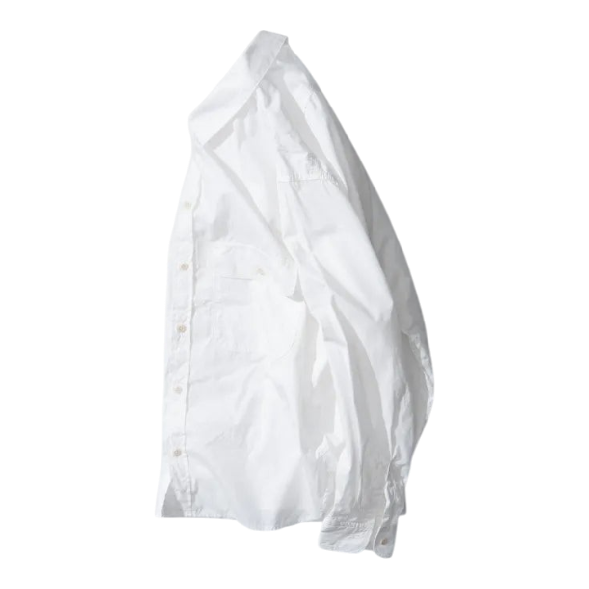 MILWORKS Ordinary Fits white cotton work shirt with a boxy silhouette and oversized chest pockets, made in Japan.