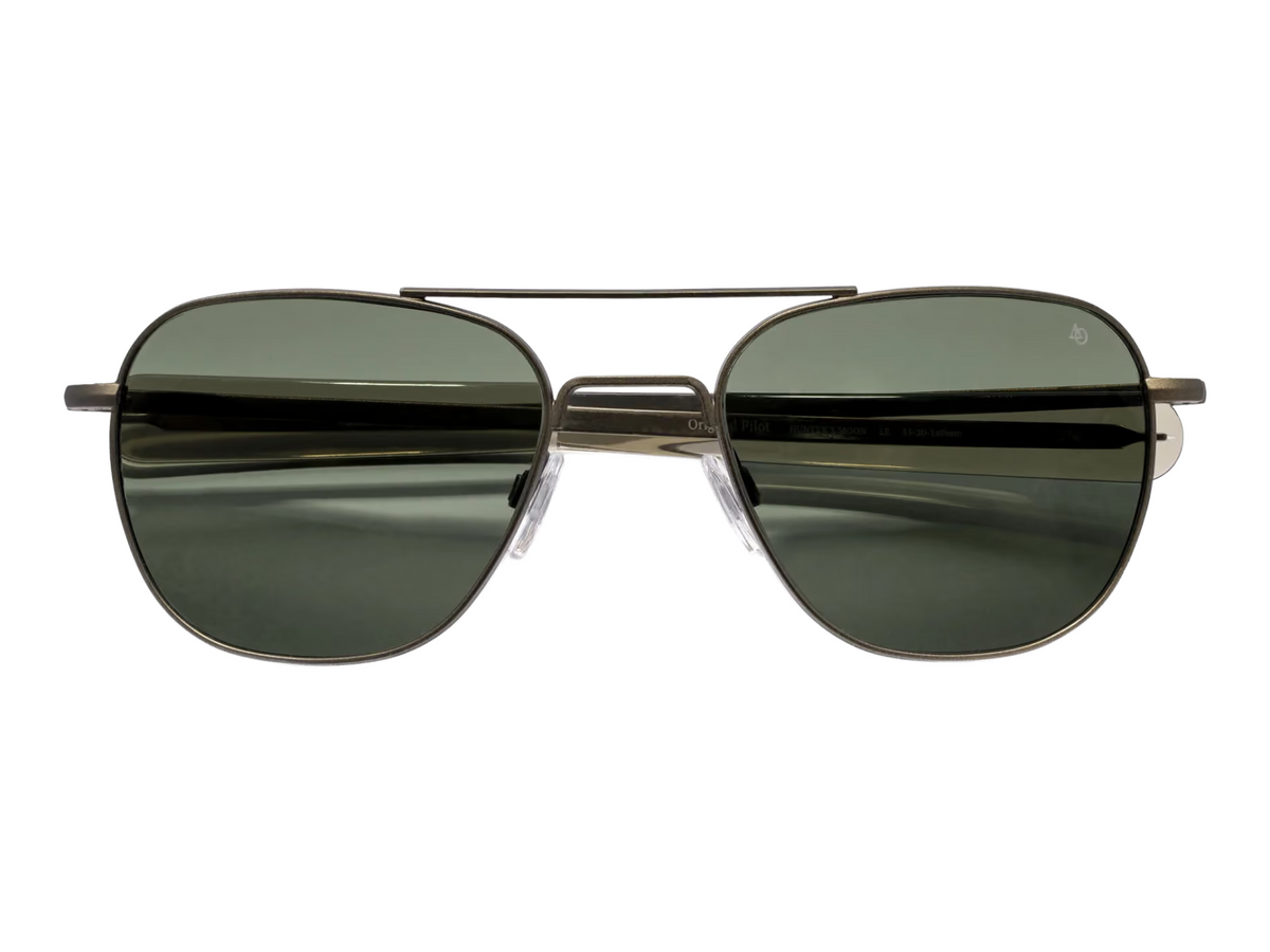 MILWORKS Limited Edition Original Pilot Hunter Moon sunglasses with antique burnt bronze frame and Calobar green lenses