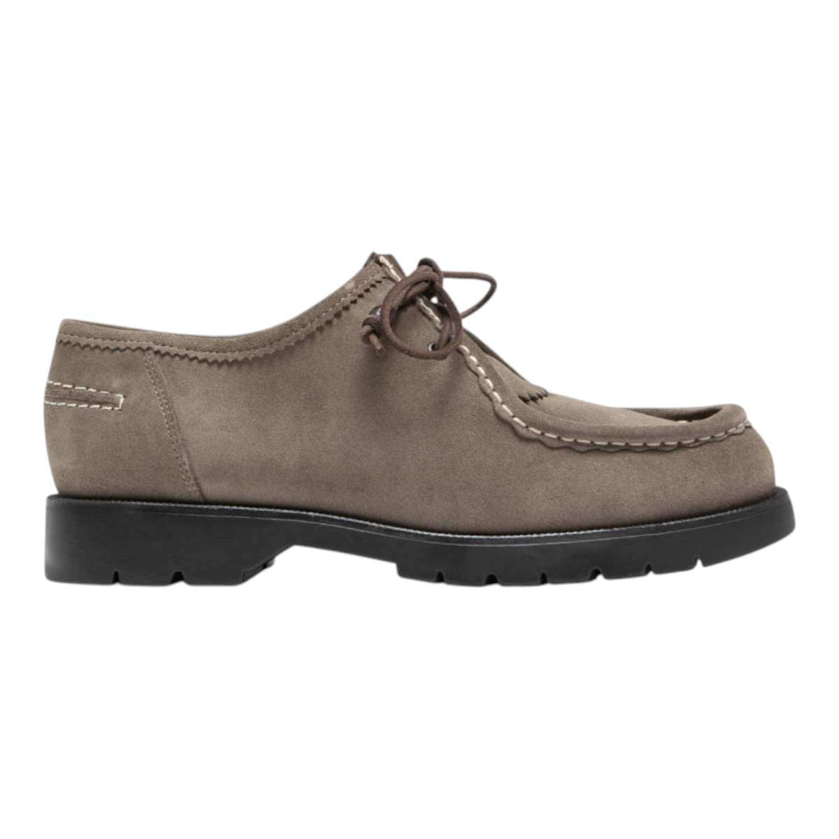 MILWORKS Padror MX V taupe velvet crust leather shoe with a removable kiltie, lace-up closure, and black rubber sole.
