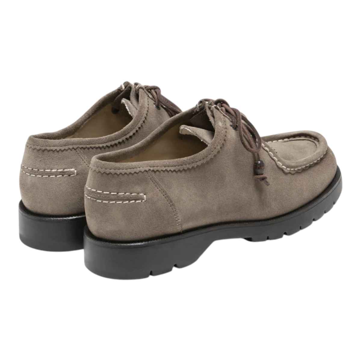 MILWORKS Padror MX V taupe velvet crust leather shoes with lace-up closure, removable kiltie, and notched rubber sole.
