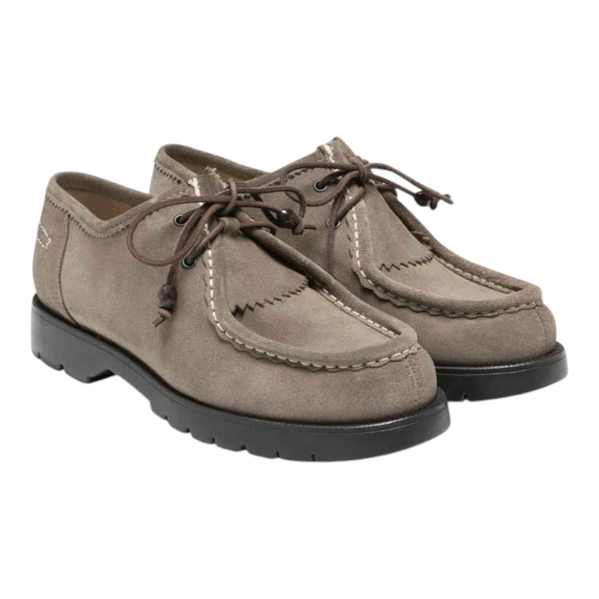 MILWORKS Padror MX V taupe velvet crust leather shoes with removable kiltie, lace-up closure, and notched rubber sole.