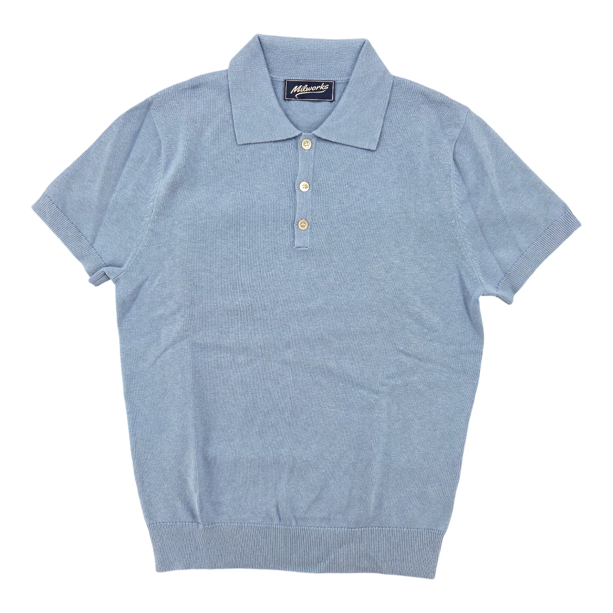 MILWORKS pale blue short sleeve knit cashmere polo shirt with button collar and ribbed hem.