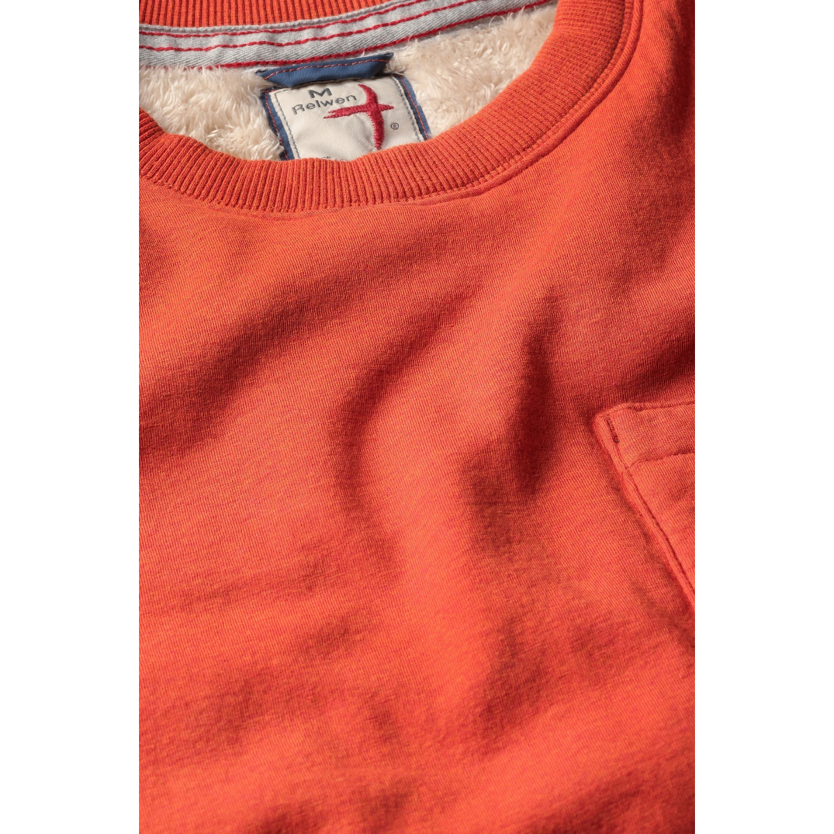 Milworks Paprika Heather superfleece crew sweatshirt with sherpa lining and chest pocket detail.