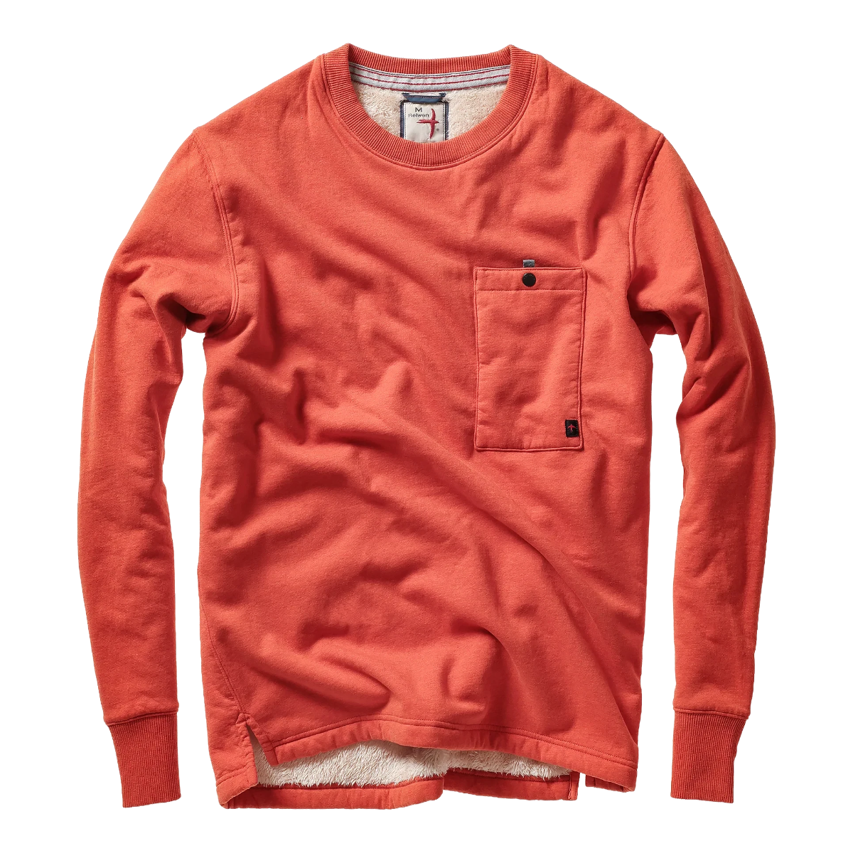 Milworks Paprika Heather superfleece crew sweatshirt with chest pocket and sherpa lining.