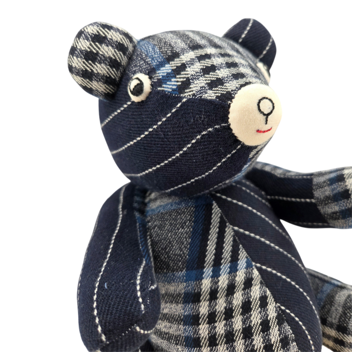 MILWORKS No145 Patch The Madras Bear featuring grey and blue check patterns with dark navy pinstripe fabric details.