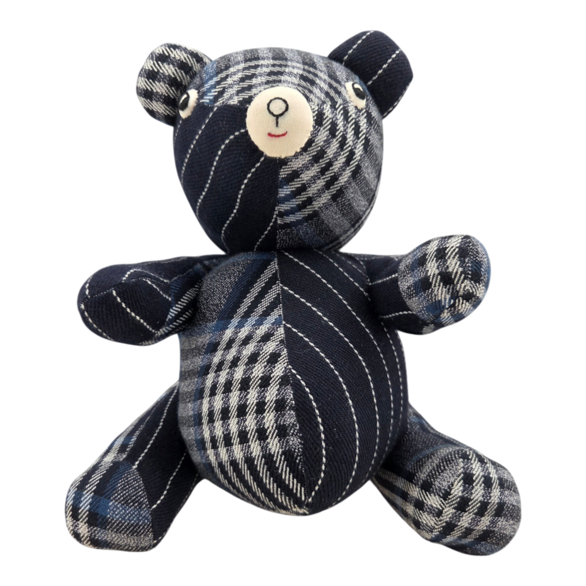 MILWORKS No145 Patch The Madras Bear featuring a grey and blue check pattern with dark navy pinstripe fabric details.