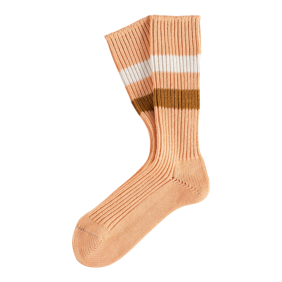 MILWORKS Urban collection peach cotton socks with white and brown contrast stripes and a textured ribbed knit finish.