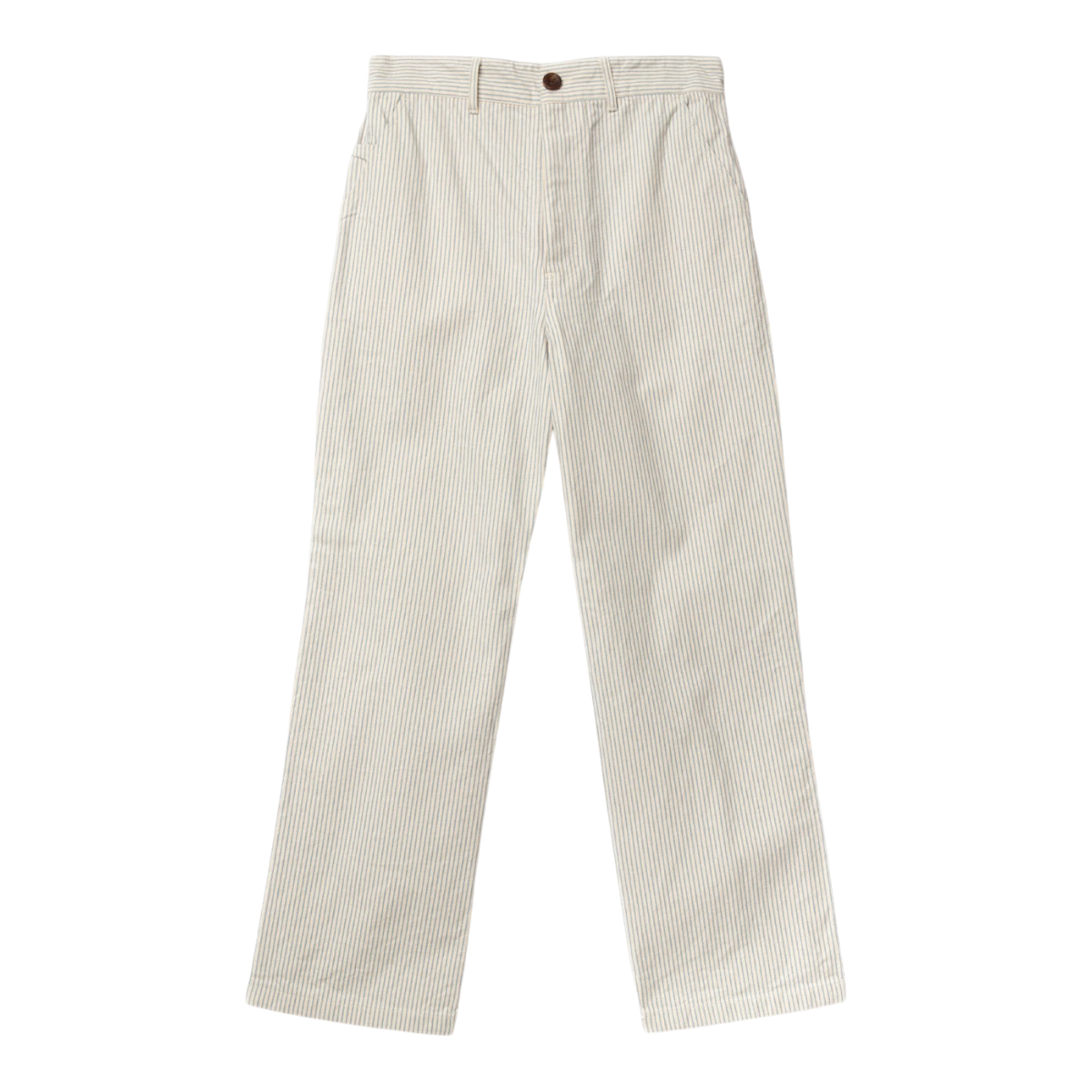 MILWORKS Pimy carpenter pants in off-white cotton with blue vertical stripes and a button fly closure.