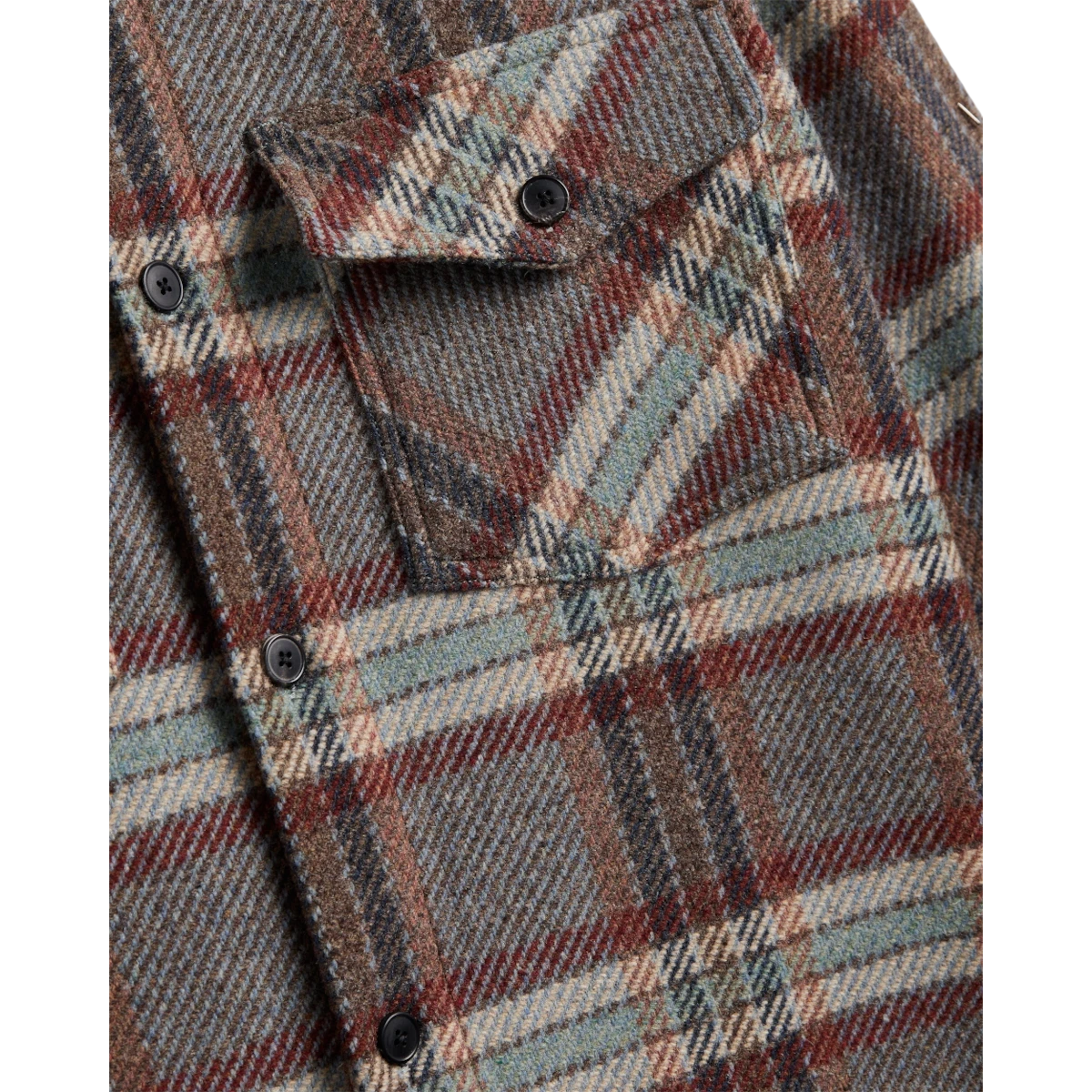 MILWORKS Portuguese Flannel wool field overshirt in a multi-coloured plaid pattern with resin button chest pocket