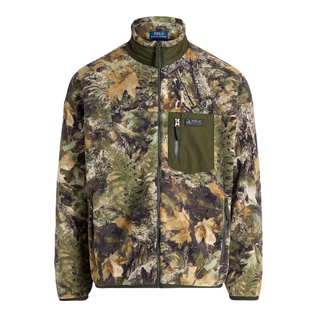 MILWORKS Polo Ralph Lauren relaxed fit fleece jacket in a forest camo print with olive green woven pocket detailing.