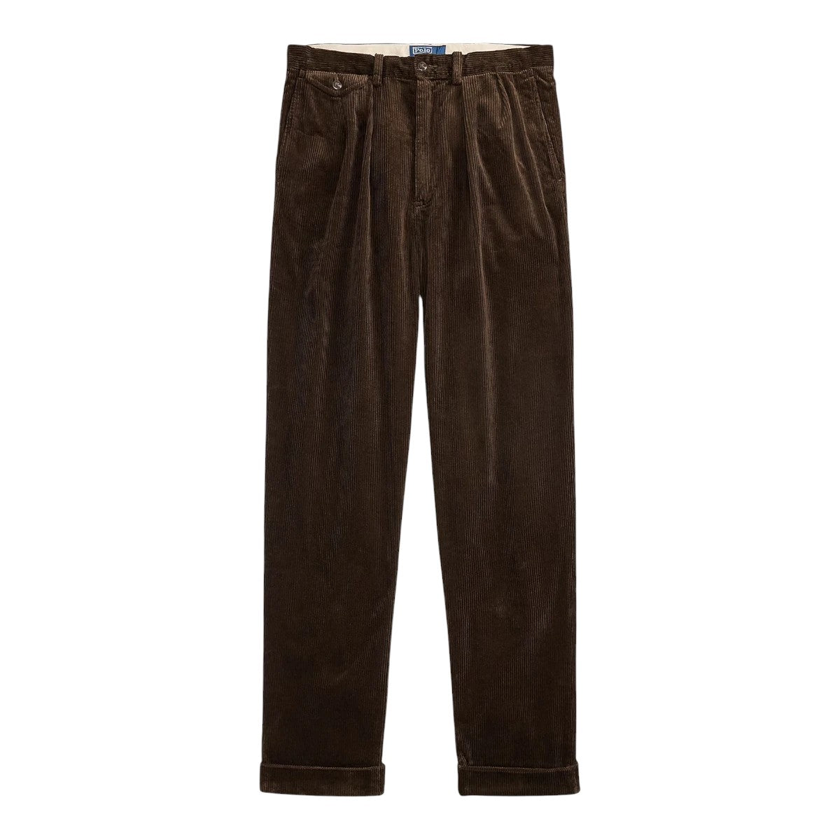 MILWORKS Polo Ralph Lauren Whitman relaxed fit dark brown cotton corduroy pants with double-pleated front and cuffs.