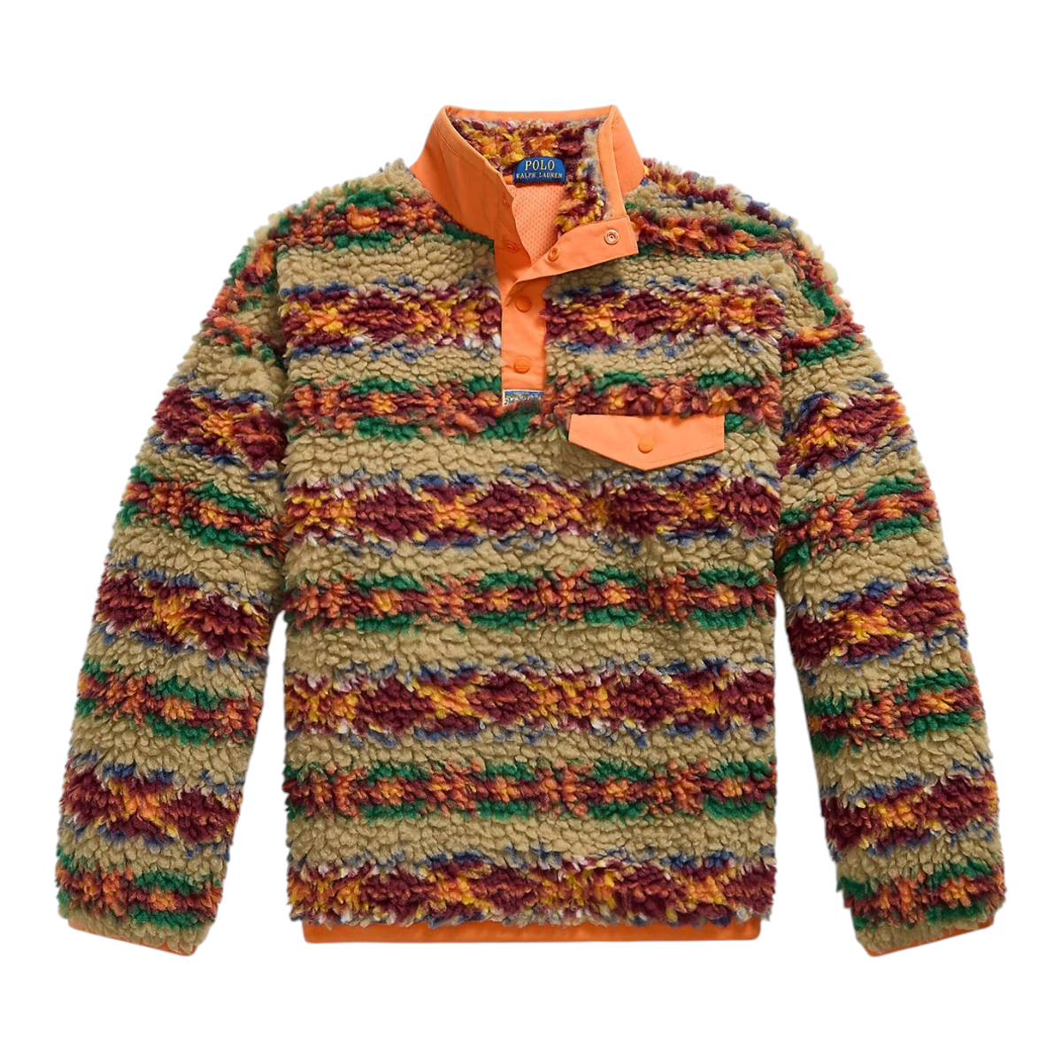 MILWORKS Polo Ralph Lauren high-pile fleece pullover in a multi-colored Fair Isle print with orange woven trim.
