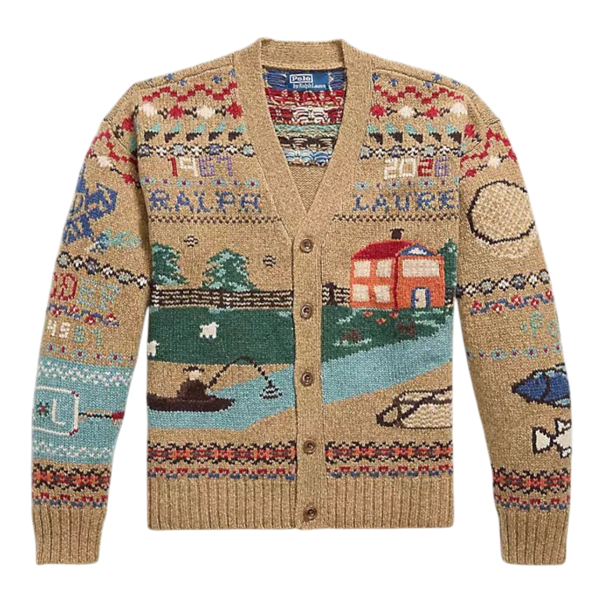 MILWORKS Polo Ralph Lauren relaxed fit tan wool cardigan featuring a colorful scenic landscape and vintage patterns.