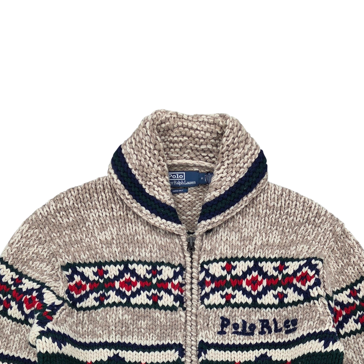 MILWORKS Polo Ralph Lauren tan multi-coloured wool zip-up sweater with a chunky shawl collar and fair isle pattern.