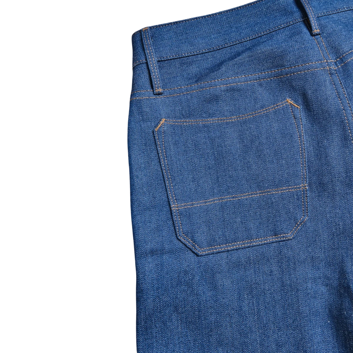 MILWORKS Portola Classic Taper jeans in vintage blue 12oz broken twill selvedge denim with button fly and double needle accents.
