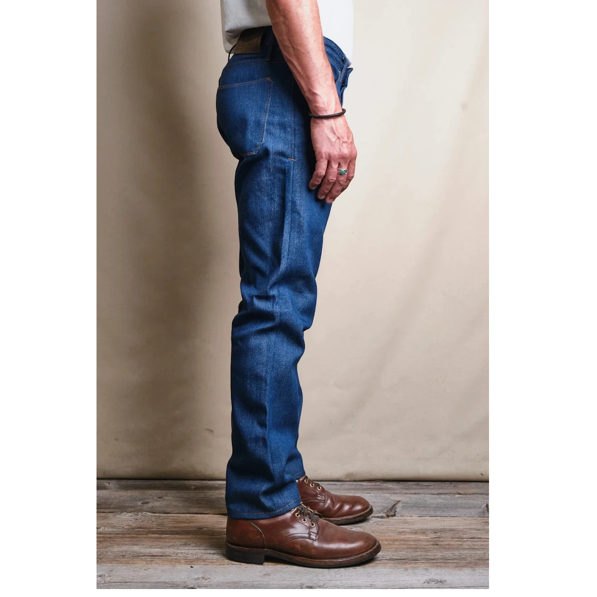 MILWORKS Portola Classic Taper jeans in vintage blue 12oz selvedge denim with button fly and leather patch.