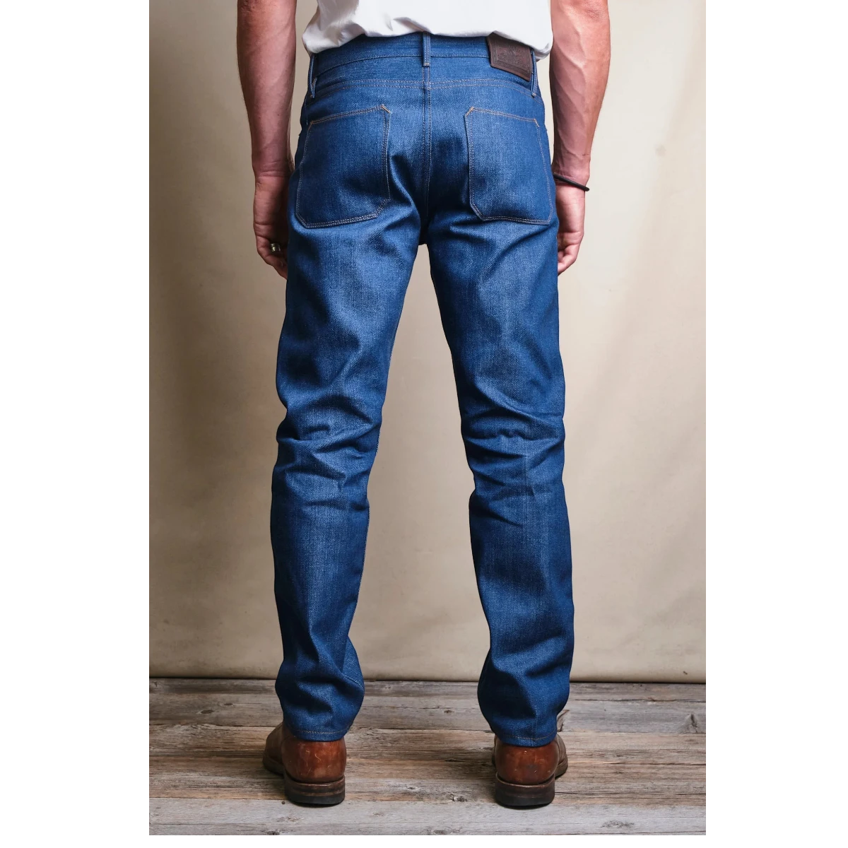 MILWORKS Portola Classic Taper jeans in vintage blue 12oz Japanese selvedge denim with button fly and leather patch.